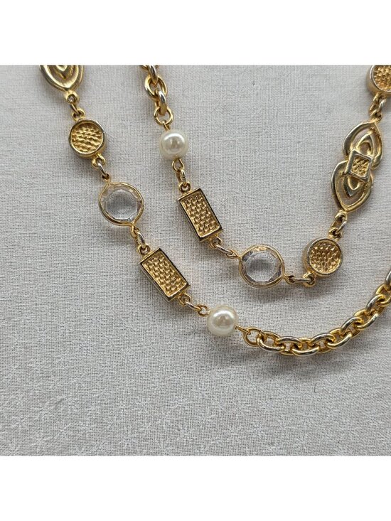 Unbranded Jewelry - Vintage Gold Tone Fashion Necklace With Pearls & Clear Beads 37" Long